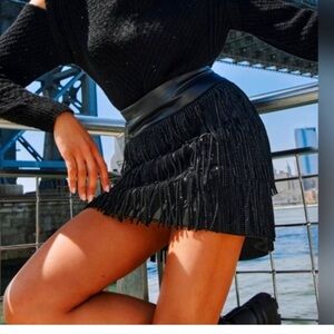 DKNY Black Fringe Rhinestone Mini Skirt